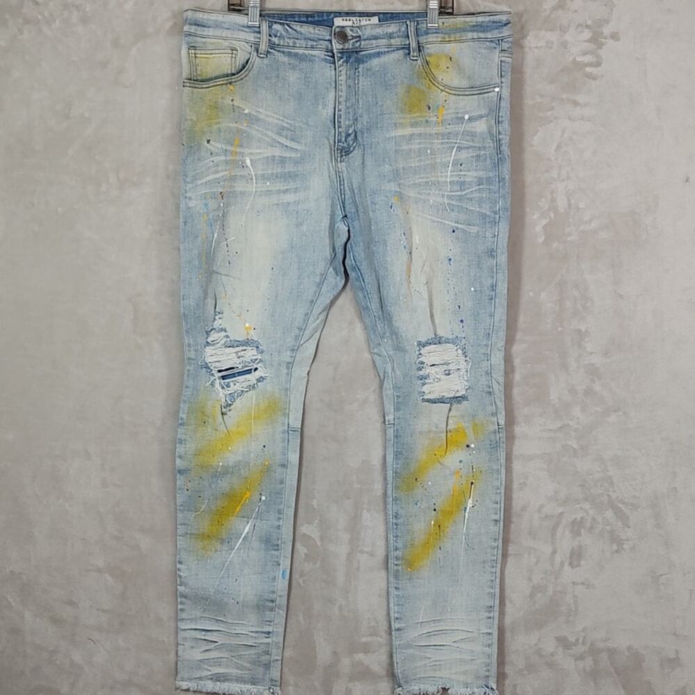 Reelistik NYC Men;s Distressed Skinny Jeans Size 40 Paint Splatters Frayed Hem
